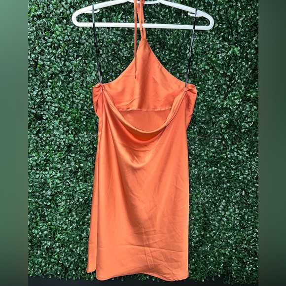 2 Orange Silk dresses; halter and asymmetrical spaghetti strap; Size medium - Picture 2 of 5